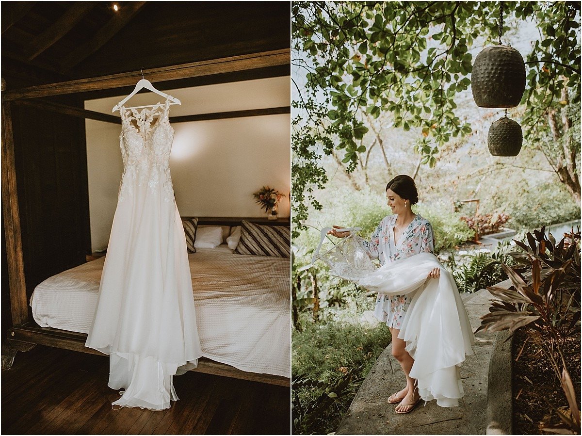 bride with her lace gown in villa