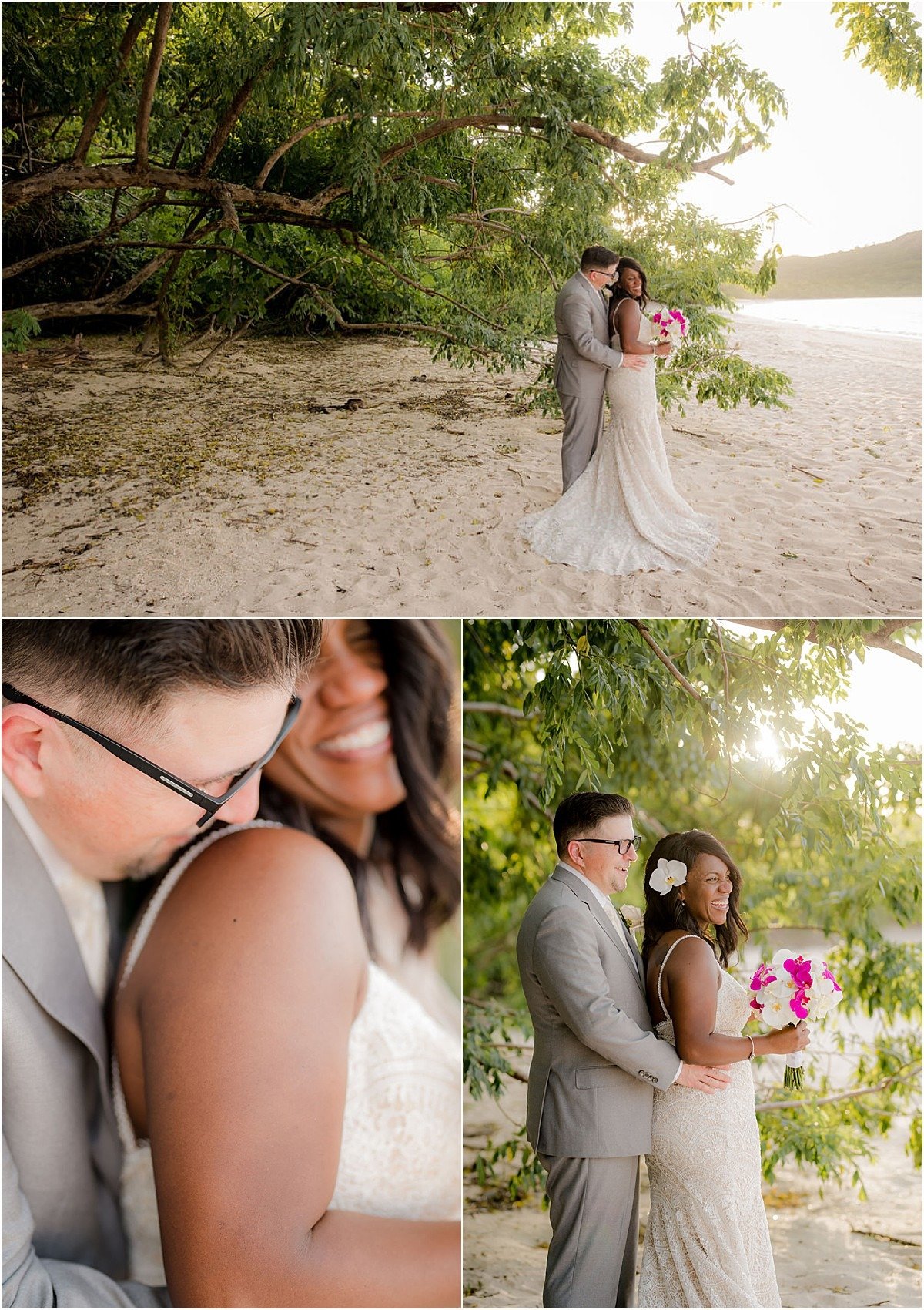 couple in love on the beach glowing bride