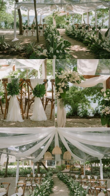 beach ceremony white decorations in las catalinas tent lighting