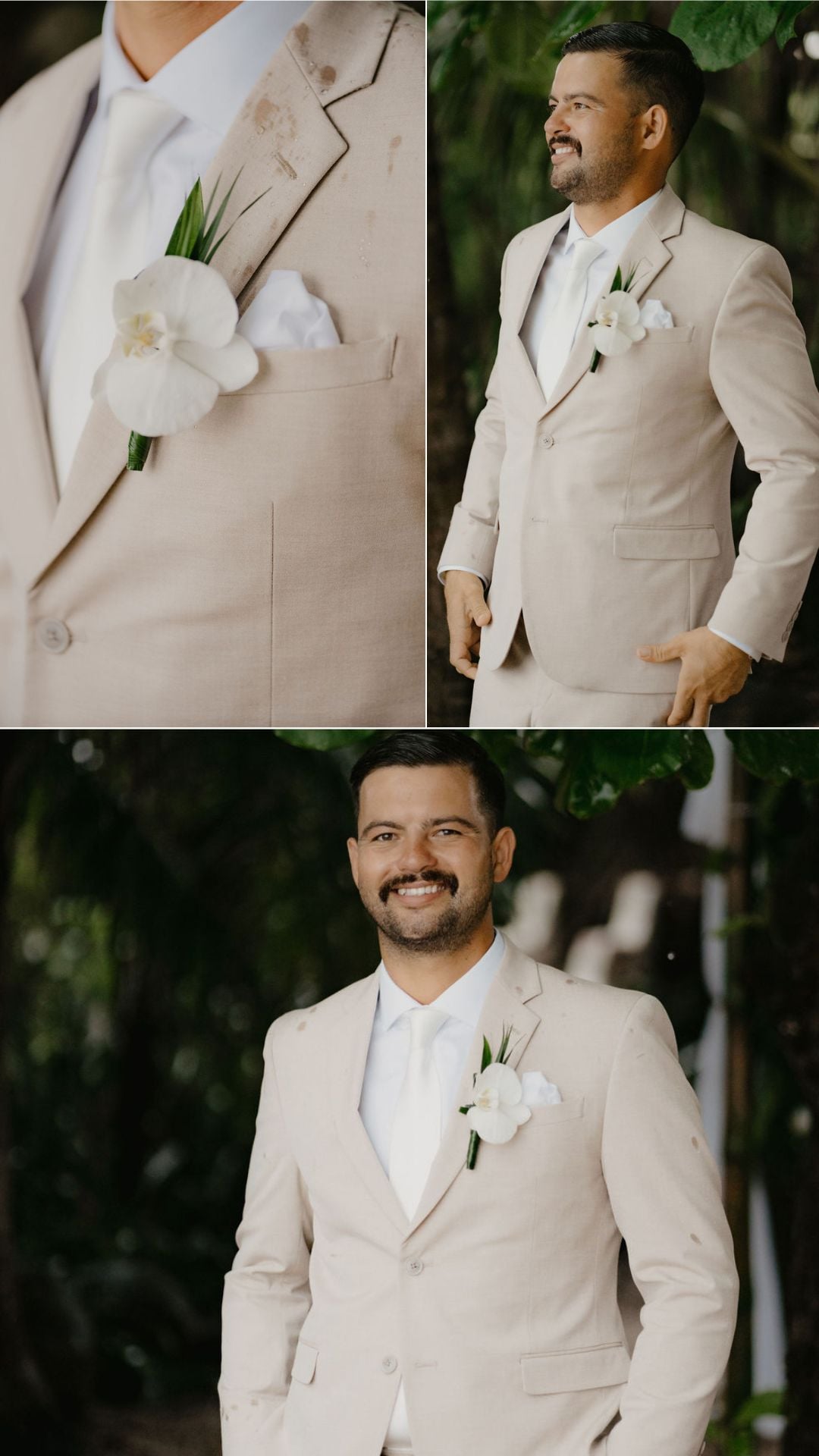 groom getting ready - beige suit - boutonniere