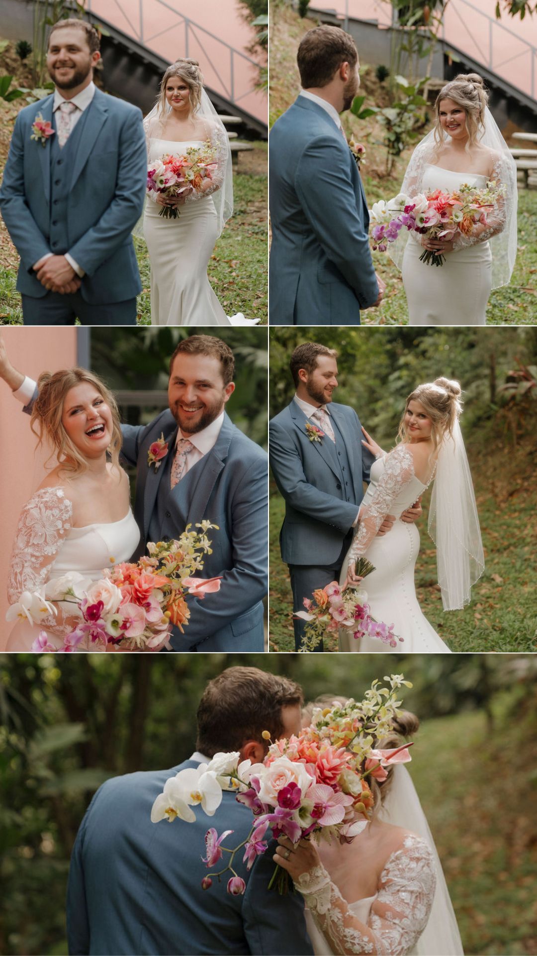 first look wedding - tropical colorful bouquet - groom and bride