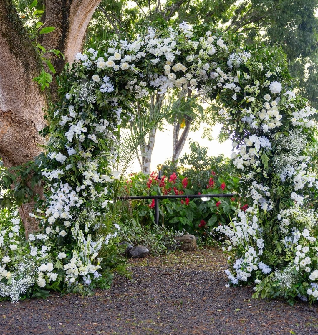 Janaina + Adam - white roses arch at villa caletas