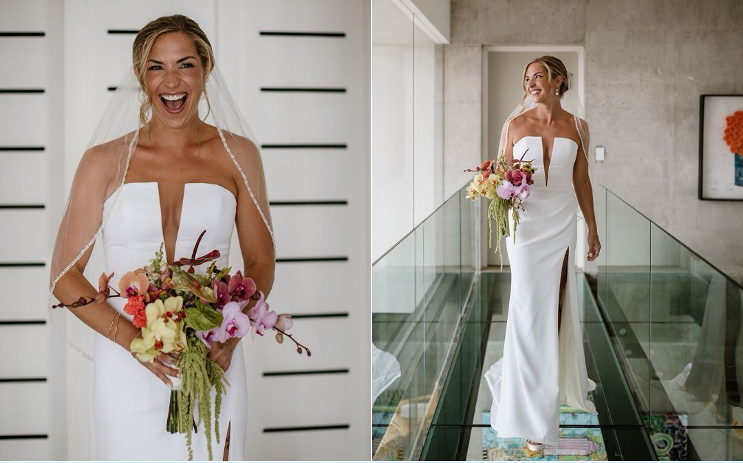 Brittany + Jon - bride with her bouquet - smile