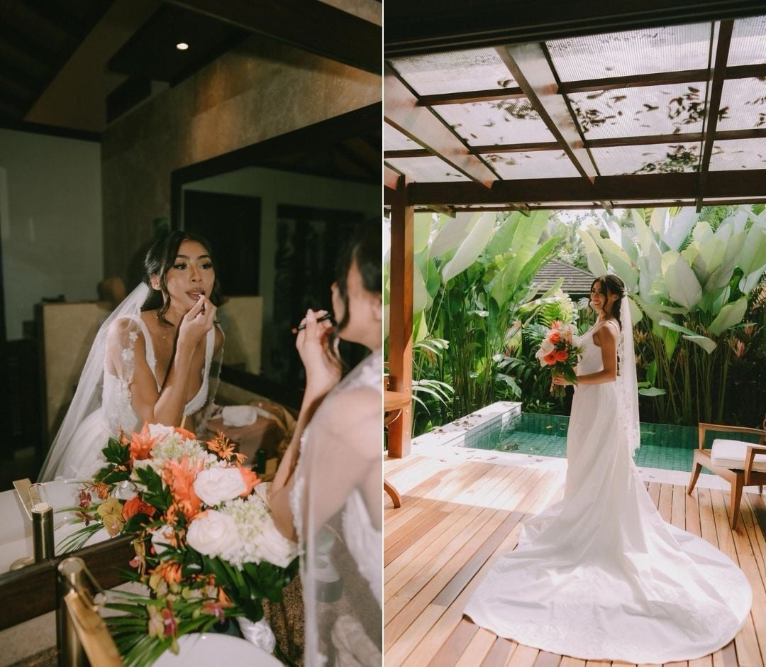 Brianna and Alex final touch bride with tropical bouquet