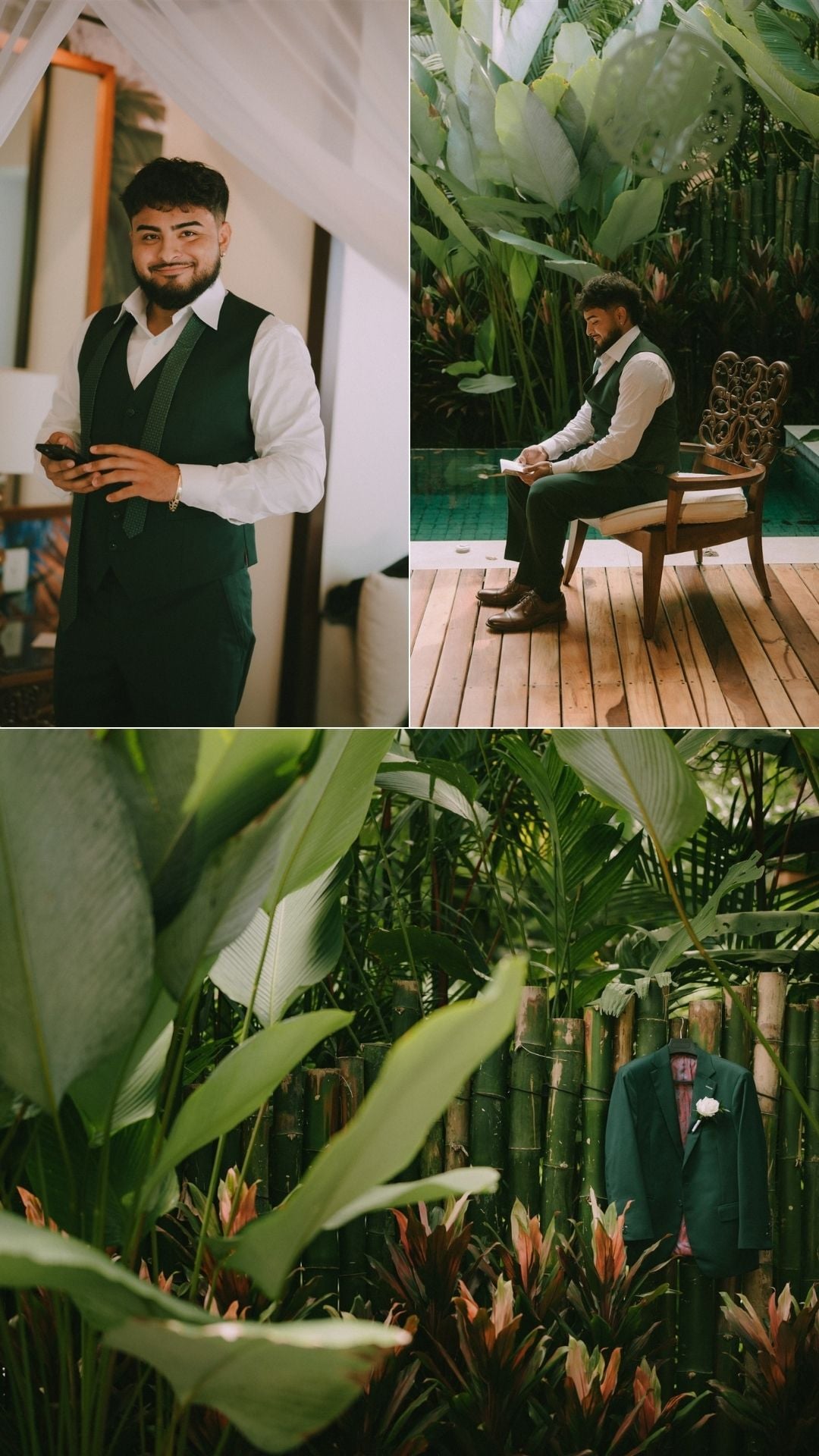 groom details - getting ready in green suit