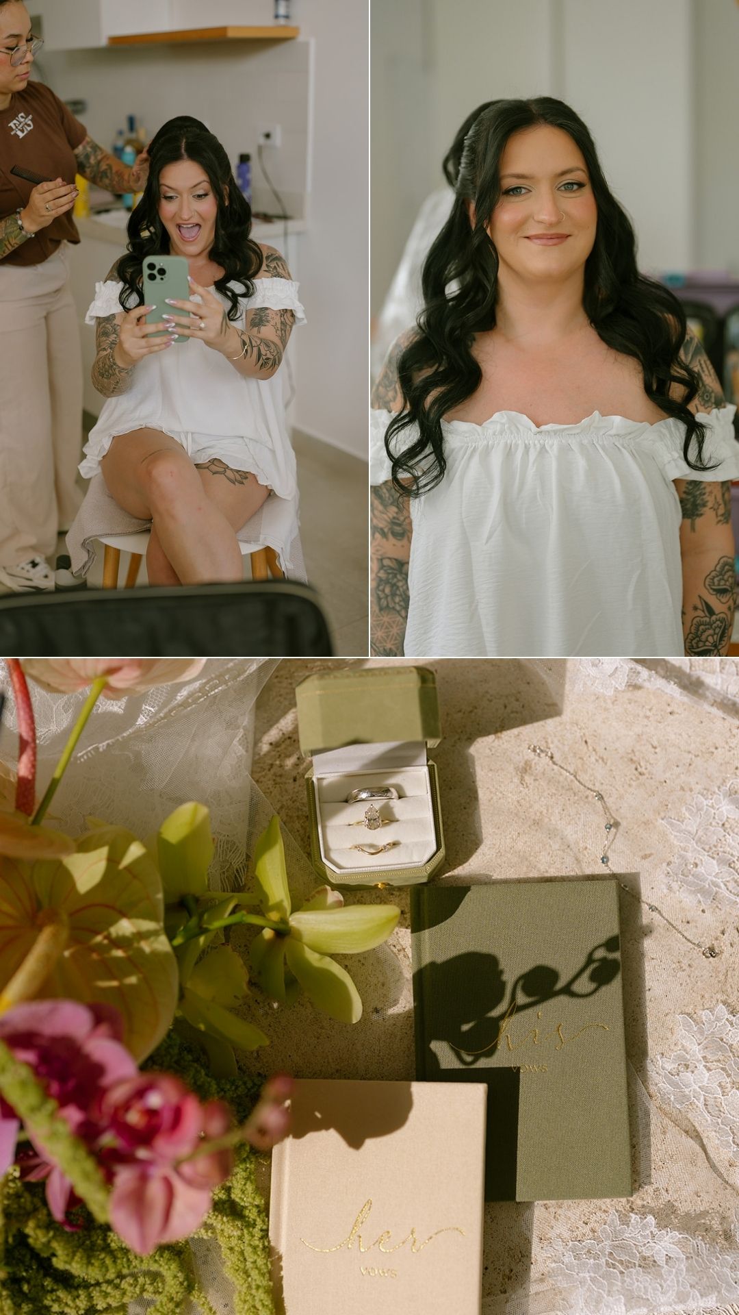 bride getting ready - purple robes - violet orchids - bride